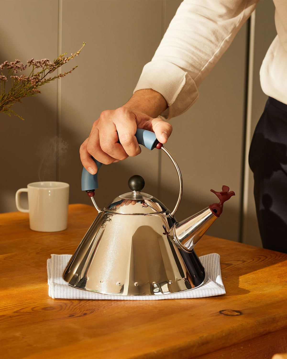 Alessi 9093 Stovetop Kettle by Michael Graves, Stainless Steel with Light Blue Handle