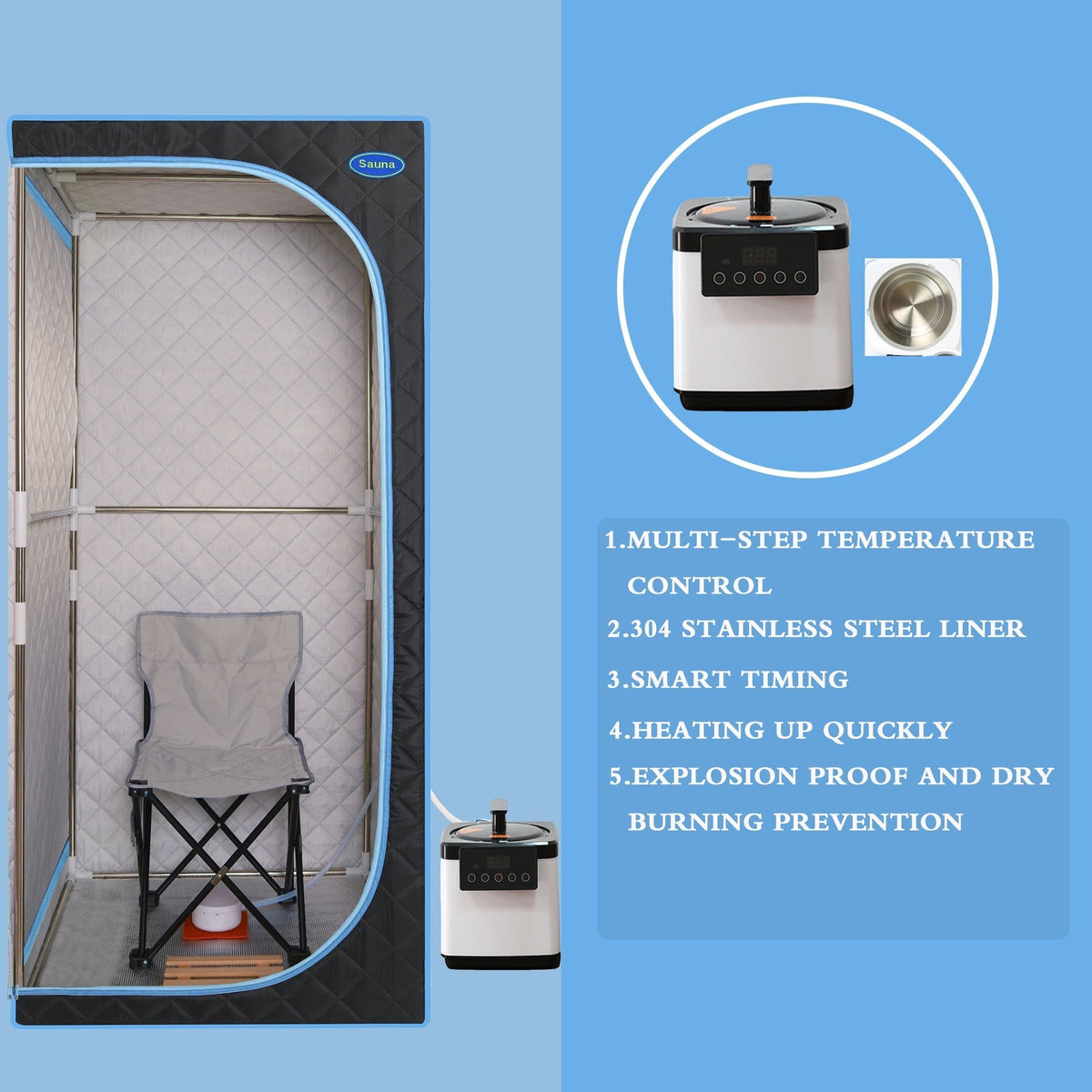 Full Size Portable Steam Sauna Tent, Stainless Steel Frame, 2.6L 1000W Steamer, Remote & Chair - Black