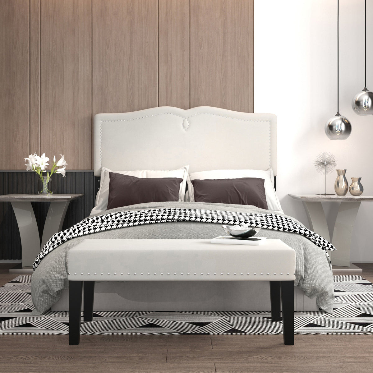 Worldwide Home Furnishings Aurora-54''/60'' Adj Hb W/ Bench-Grey_Beige 54"/60" Adj. Headboard W/Bench 151-585D_Q-GB