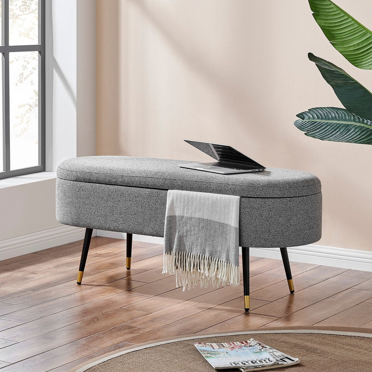 New Pacific Direct Phoebe KD Fabric Storage Bench w/ Gold Tip Metal Legs 1600077-572