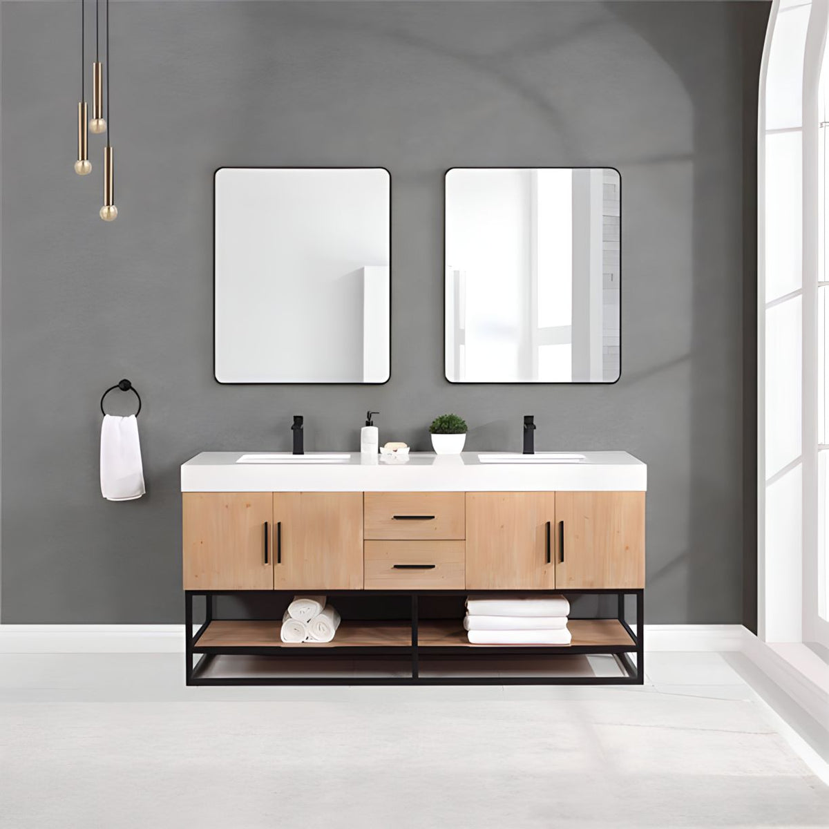 Altair Design Bianco 72" Double Bathroom Vanity in Light Brown with Matte Black Support Base and White Composite Stone Countertop
