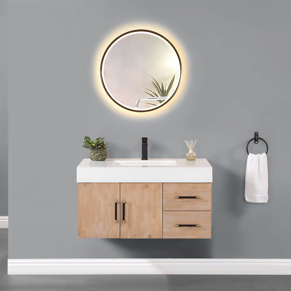 Altair Design Corchia 36" Wall-mounted Single Bathroom Vanity in Light Brown with White Composite Stone Countertop