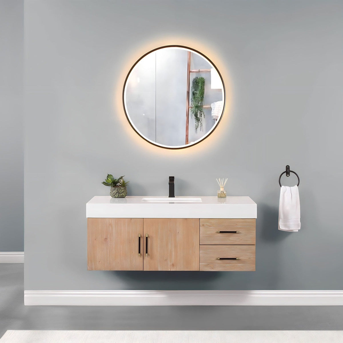 Altair Design Corchia 48" Wall-mounted Single Bathroom Vanity in Light Brown with White Composite Stone Countertop
