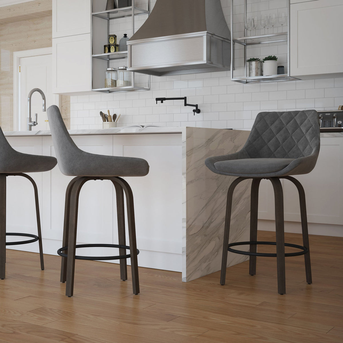 Worldwide Home Furnishings Kenzo-26'' Counter Stool Velvet-Grey 26" Stool W/Swivel, Velvet, Set Of 2 203-544GY