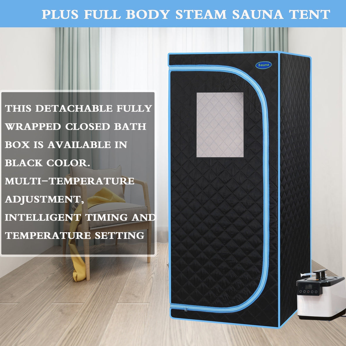 Full Size Portable Steam Sauna Tent, Stainless Steel Frame, 2.6L 1000W Steamer, Remote & Chair - Black