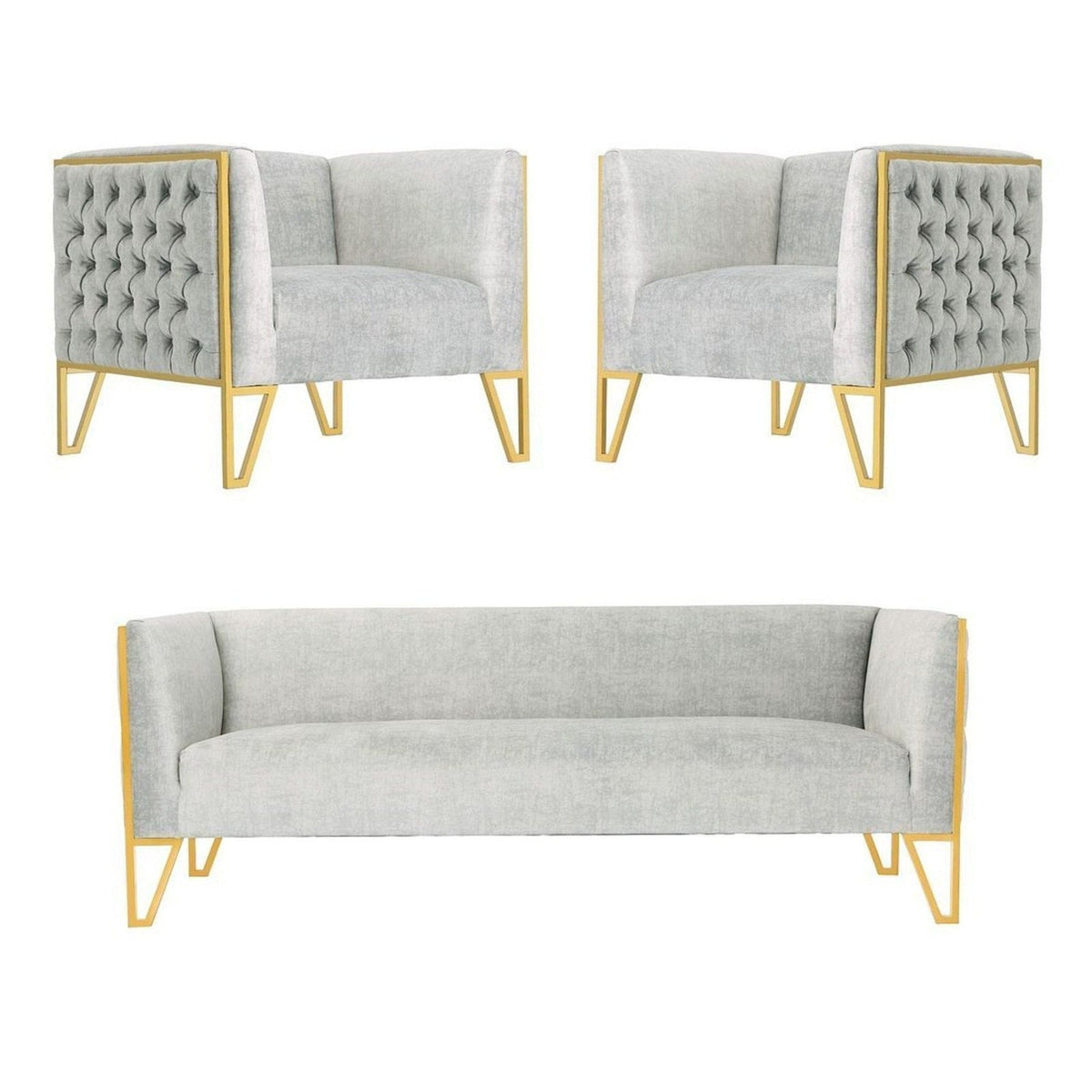 Manhattan Comfort Vector 3-Piece Grey and Gold Sofa and Armchair Set