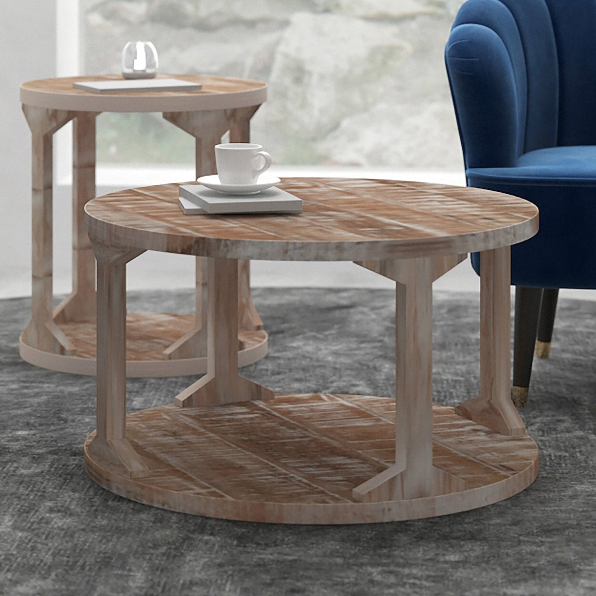 Worldwide Home Furnishings Avni-Coffee Table-Distressed Natural Round Coffee Table 301-619NT