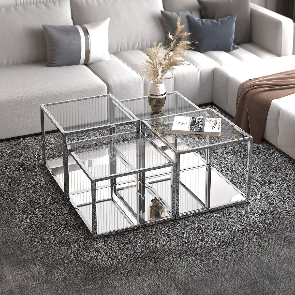 Worldwide Home Furnishings Casini-4pc Multi Tier Table-Silver 4pc Multi-Tier Coffee Table Set 303-632CH-4
