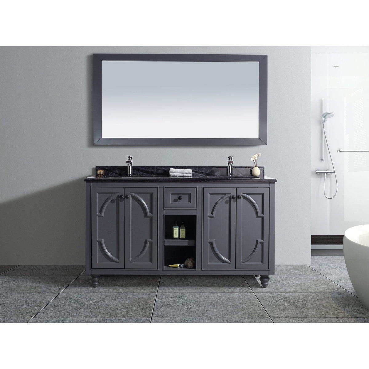 Laviva Odyssey 60" Maple Grey Double Sink Bathroom Vanity with Black Wood Marble Countertop 313613-60G-BW