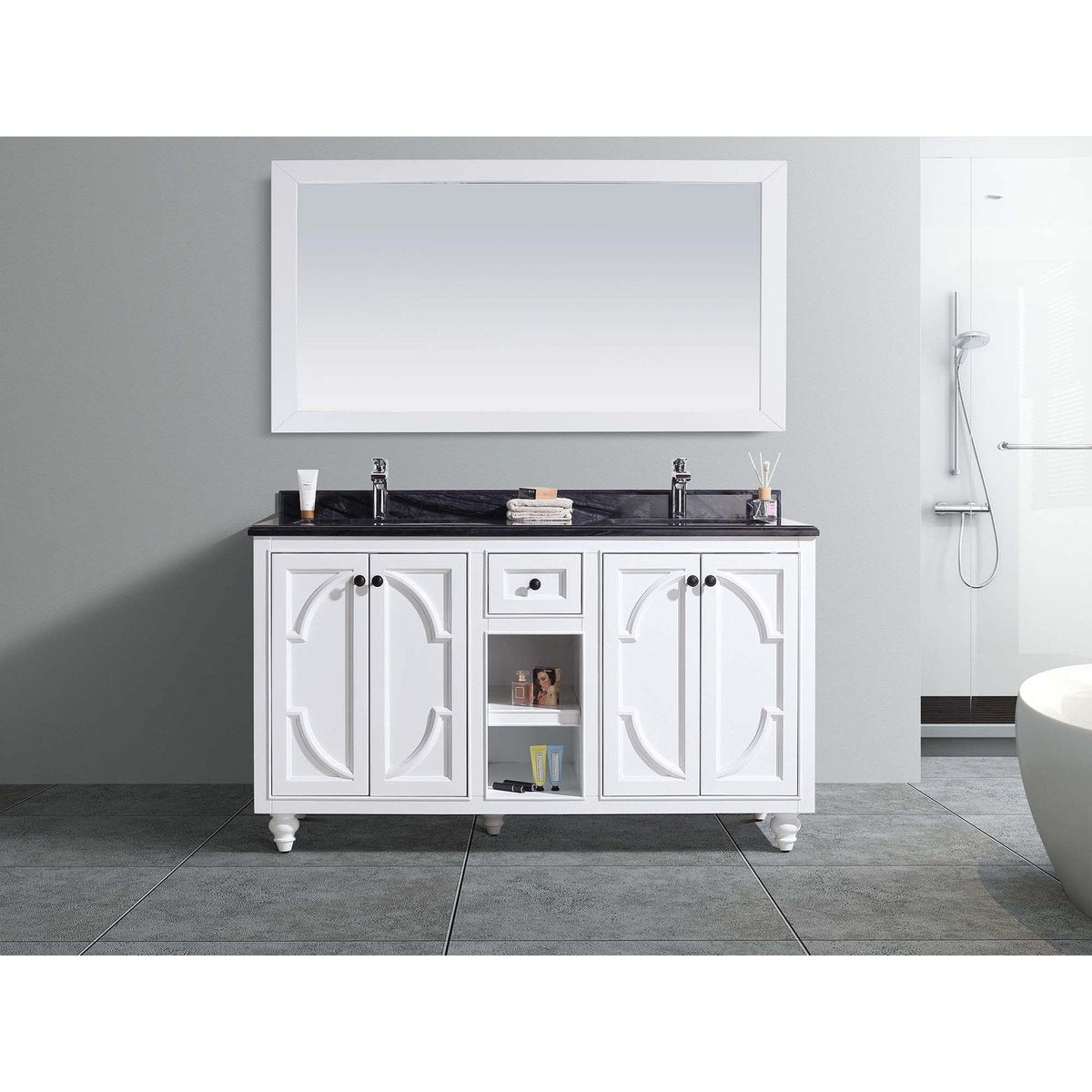 Laviva Odyssey 60" White Double Sink Bathroom Vanity with Black Wood Marble Countertop 313613-60W-BW