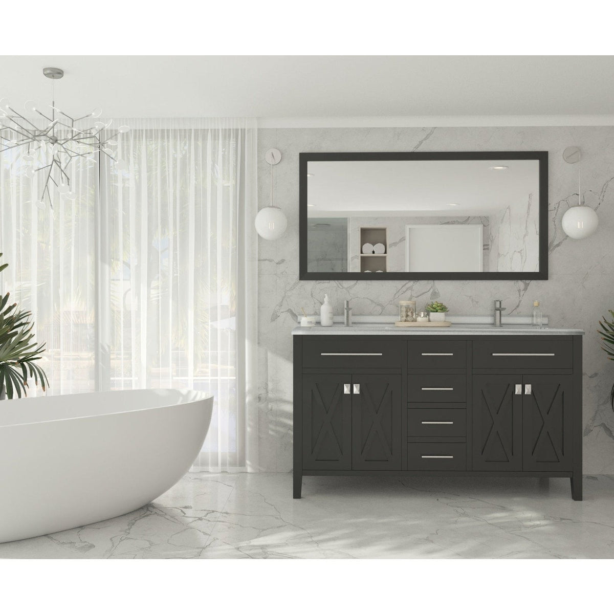 Laviva Wimbledon 60" Espresso Double Sink Bathroom Vanity with White Stripes Marble Countertop 313YG319-60E-WS