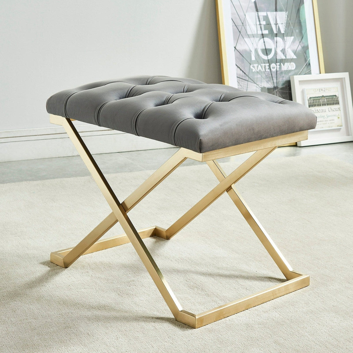 Worldwide Home Furnishings Rada-Single Bench-Grey/Gold Bench 401-404GY