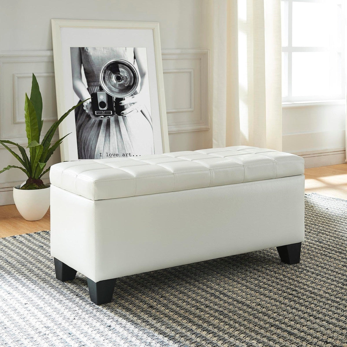 Worldwide Home Furnishings Winston-Storage Ottoman-White Rectangular Storage Ottoman 402-257WT