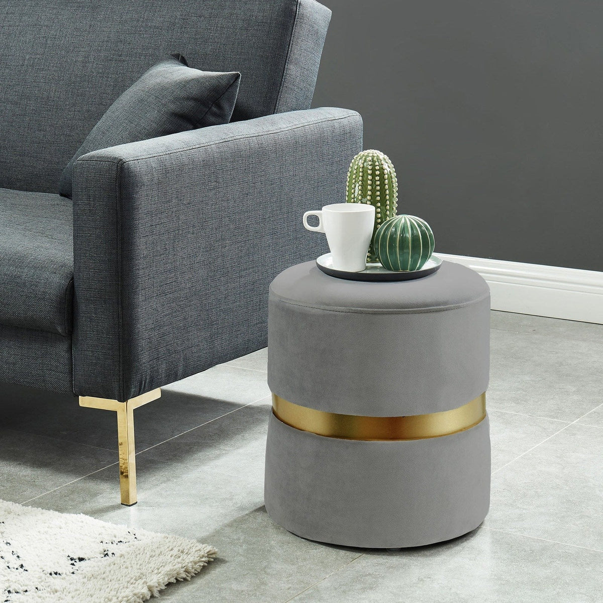 Worldwide Home Furnishings Violet-Round Ottoman-Grey Round Ottoman 402-507GY