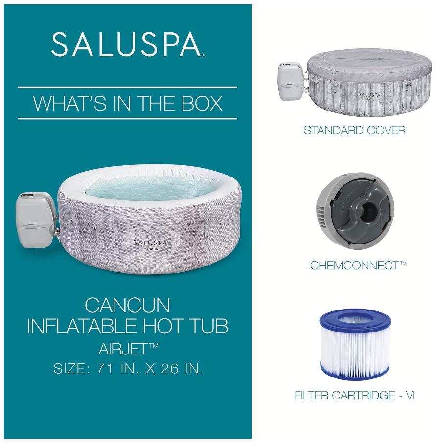 Bestway SaluSpa Cancun AirJet Inflatable Hot Tub, 2–4 Person, 71 × 26 in, Grey