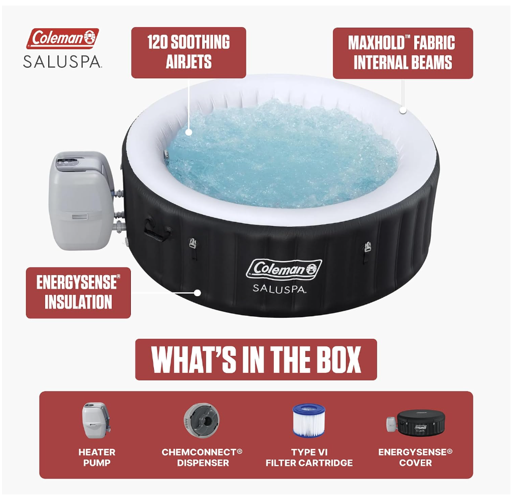 Coleman SaluSpa Miami Energy-Efficient AirJet Inflatable Hot Tub, 2–4 Person, Black