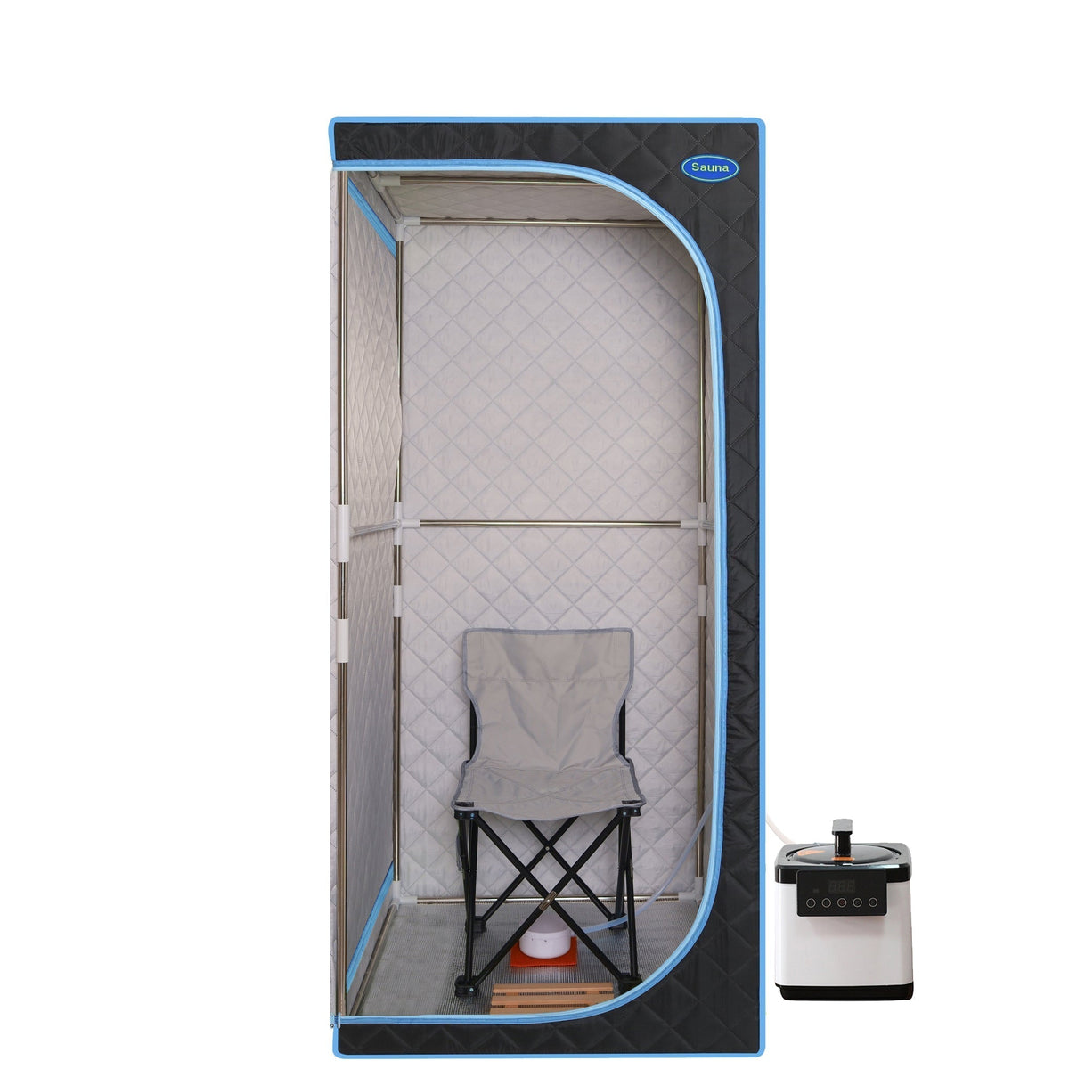Full Size Portable Steam Sauna Tent, Stainless Steel Frame, 2.6L 1000W Steamer, Remote & Chair - Black