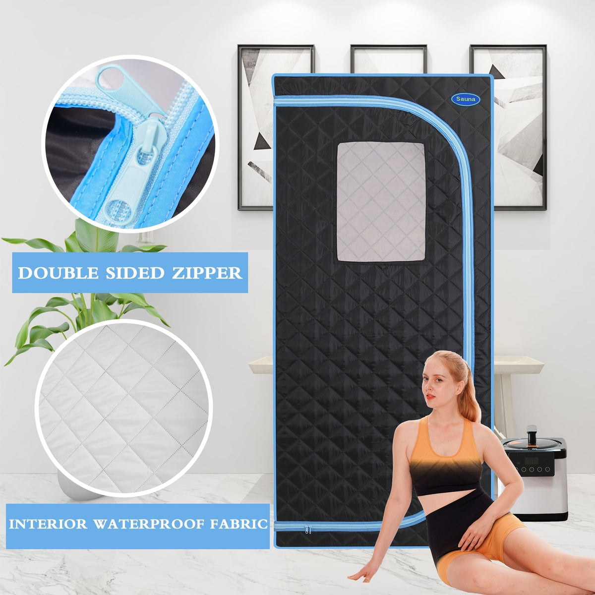 Full Size Portable Steam Sauna Tent, Stainless Steel Frame, 2.6L 1000W Steamer, Remote & Chair - Black