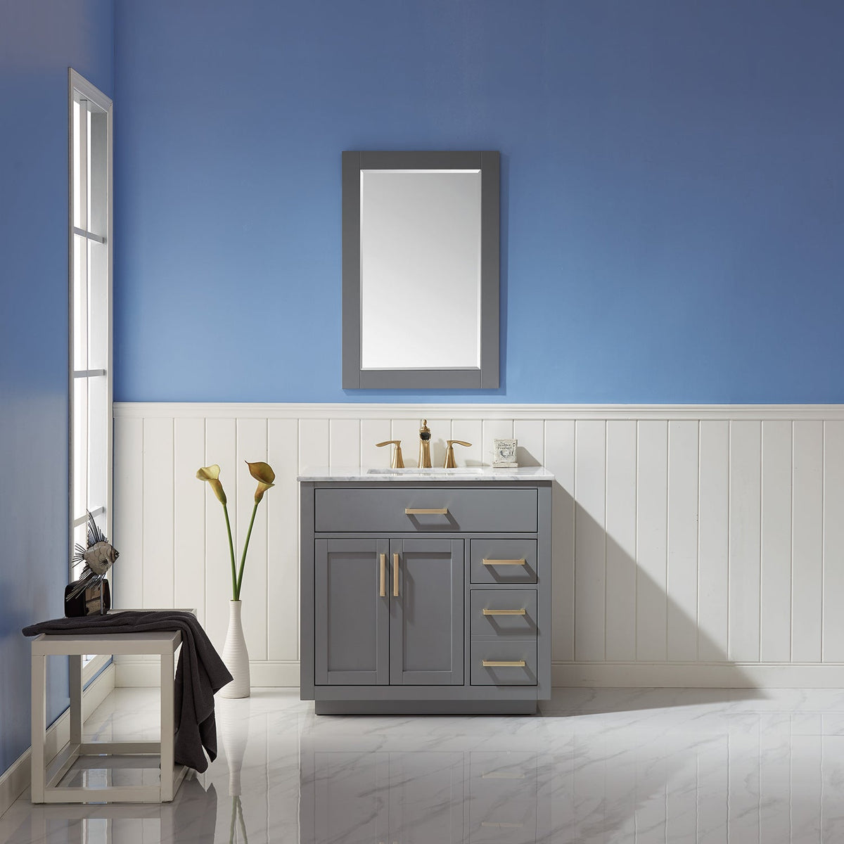Altair Design Ivy 36" Single Bathroom Vanity Set in Gray and Carrara White Marble Countertop