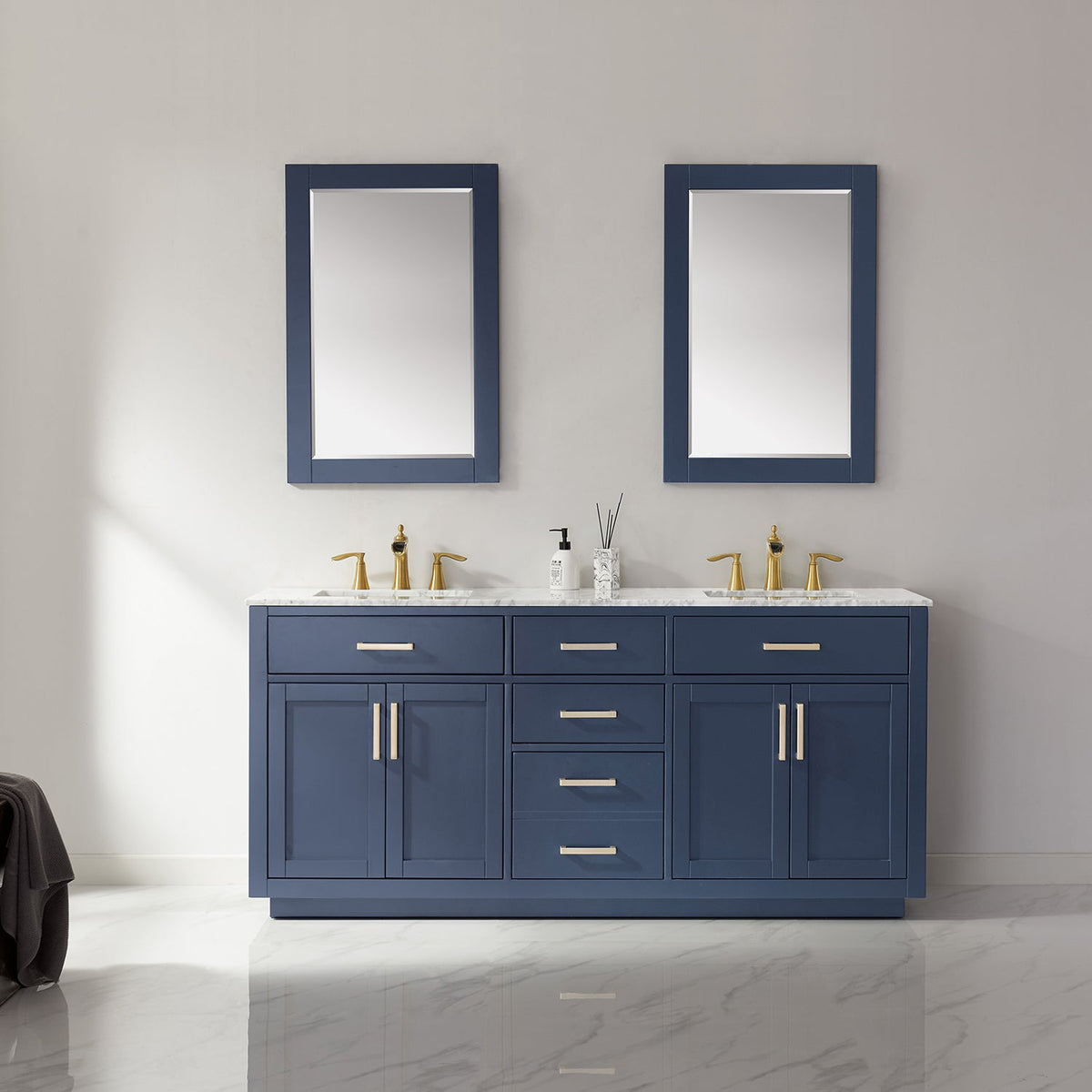 Altair Design Ivy 72" Double Bathroom Vanity Set in Royal Blue and Carrara White Marble Countertop