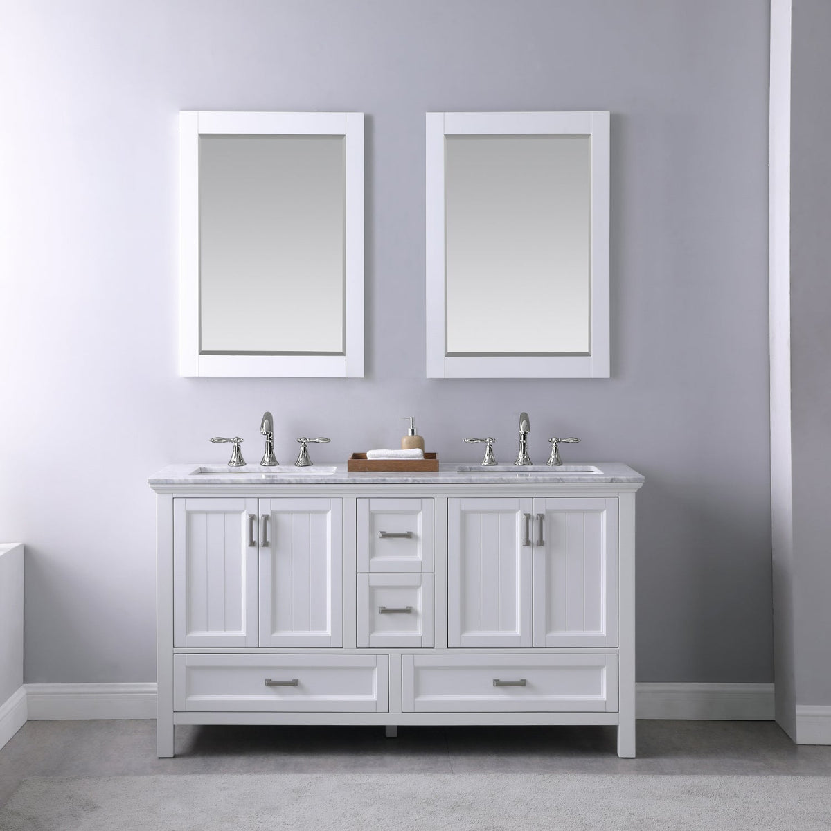 Altair Design Isla 60" Double Bathroom Vanity Set in White and Carrara White Marble Countertop