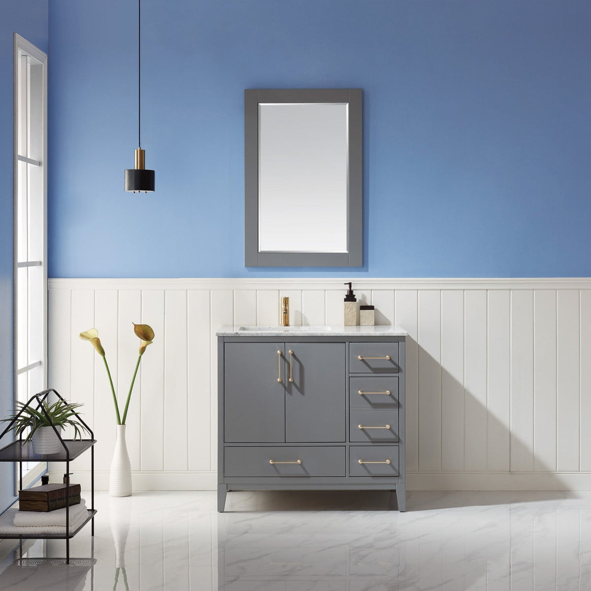 Altair Design Sutton 36" Single Bathroom Vanity Set in Gray and Carrara White Marble Countertop