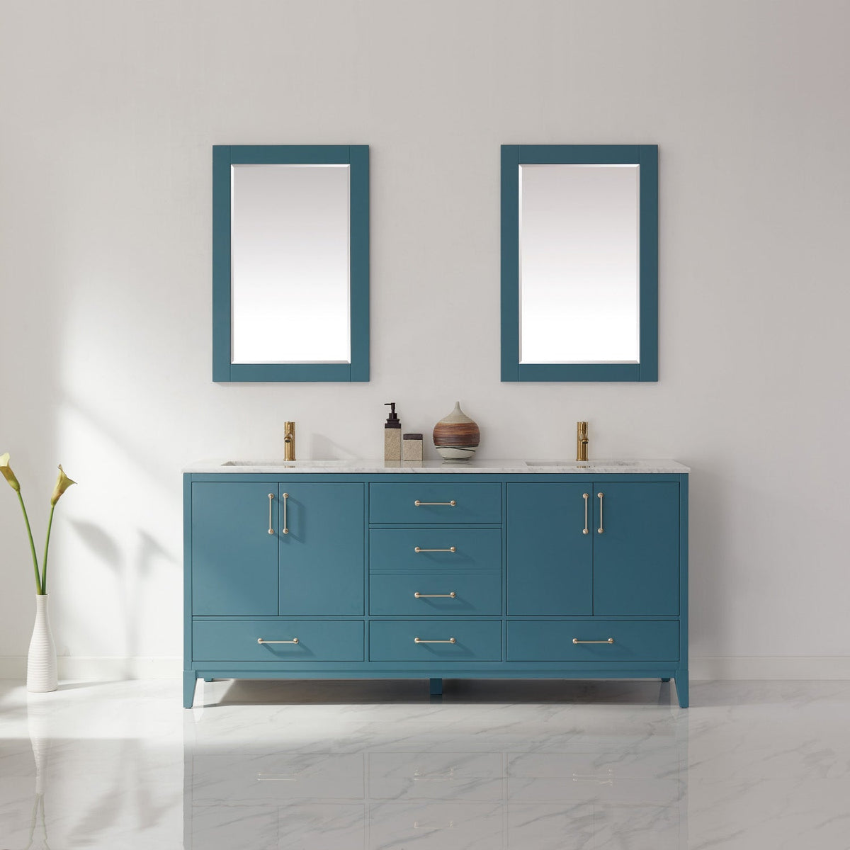 Altair Design Sutton 72" Double Bathroom Vanity Set in Royal Green and Carrara White Marble Countertop