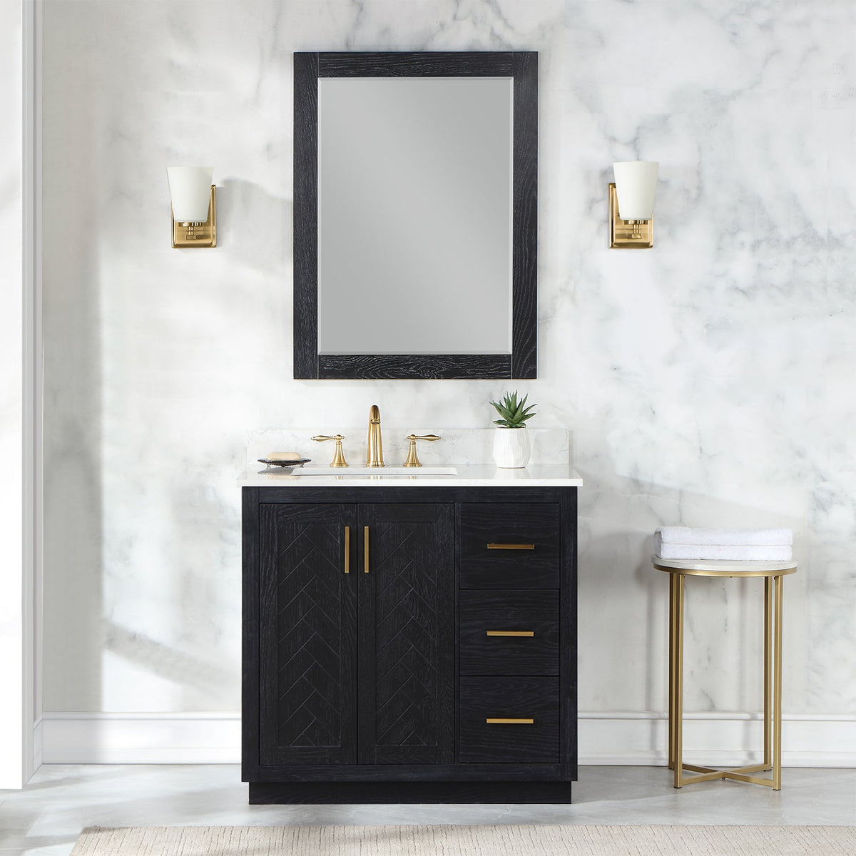 Altair Design Gazsi 36" Single Bathroom Vanity Set in Black Oak with Grain White Composite Stone Countertop
