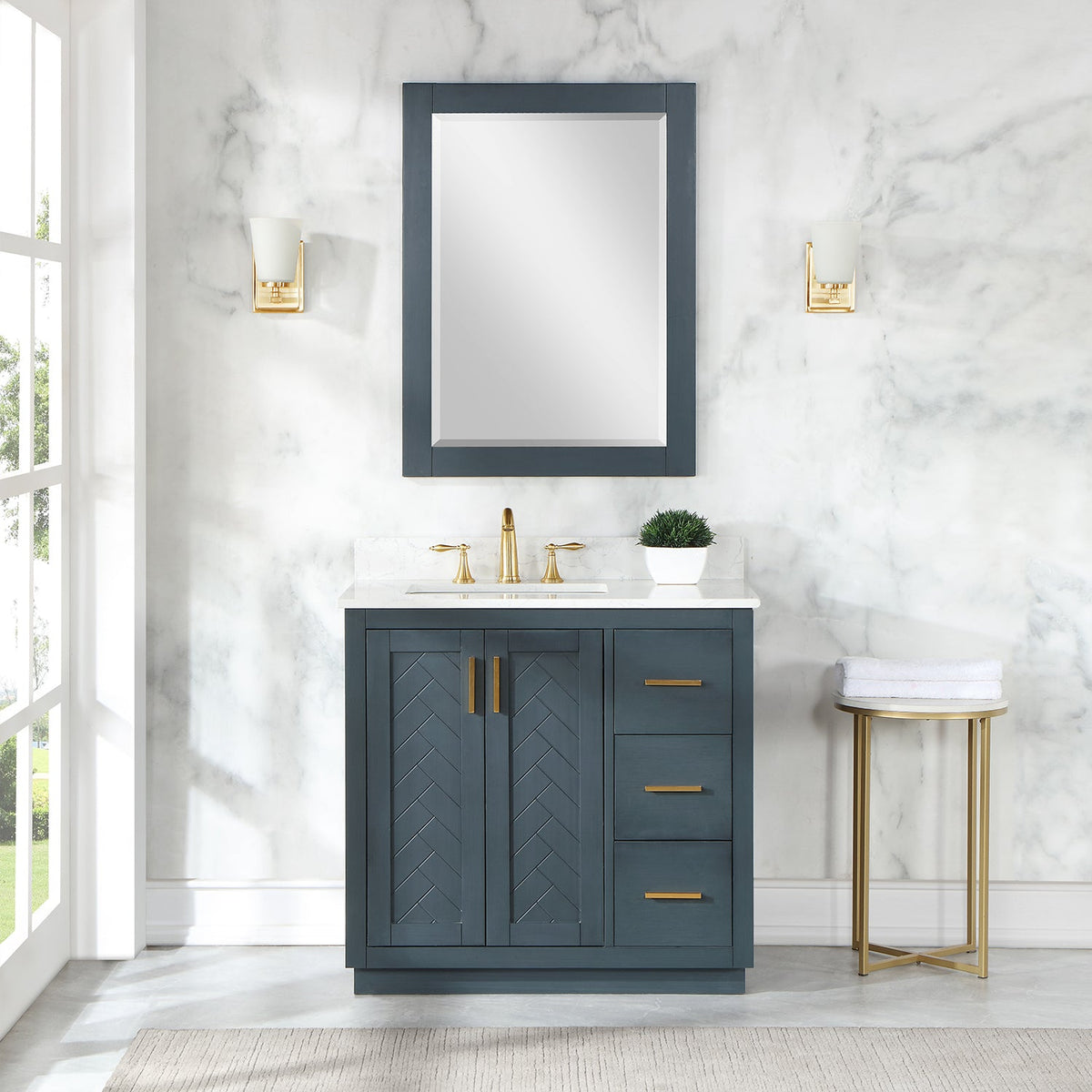 Altair Design Gazsi 36" Single Bathroom Vanity Set in Classic Blue with Grain White Composite Stone Countertop