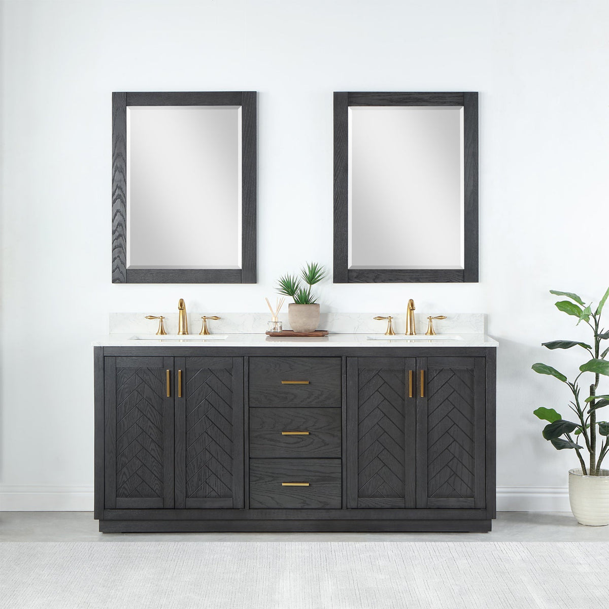 Altair Design Gazsi 72" Double Bathroom Vanity Set in Brown Oak with Grain White Composite Stone Countertop
