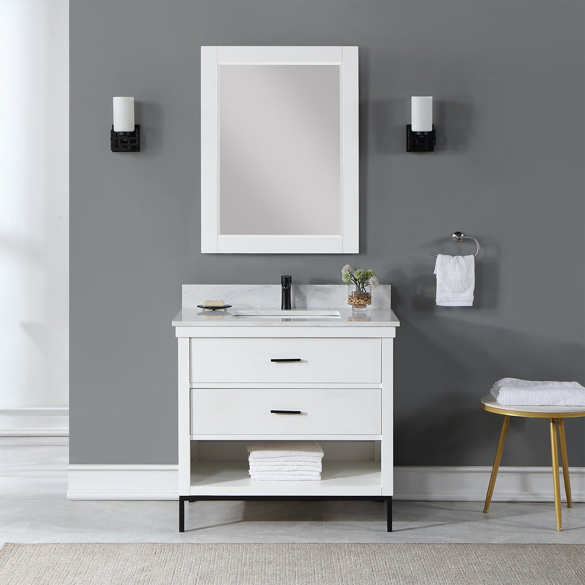 Altair Design Kesia 36" Single Bathroom Vanity Set in White with Aosta White Composite Stone Countertop