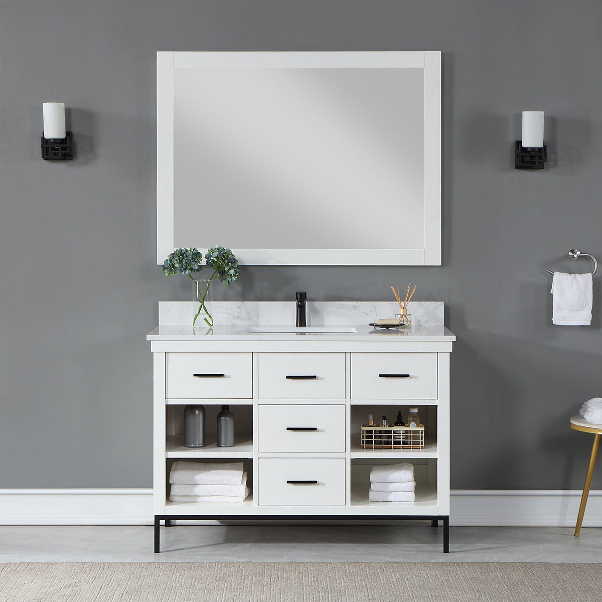 Altair Design Kesia 48" Single Bathroom Vanity Set in White with Aosta White Composite Stone Countertop