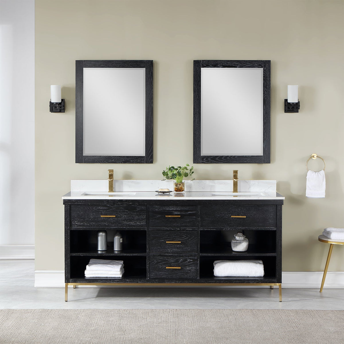 Altair Design Kesia 72" Double Bathroom Vanity Set in Black Oak with Aosta White Composite Stone Countertop