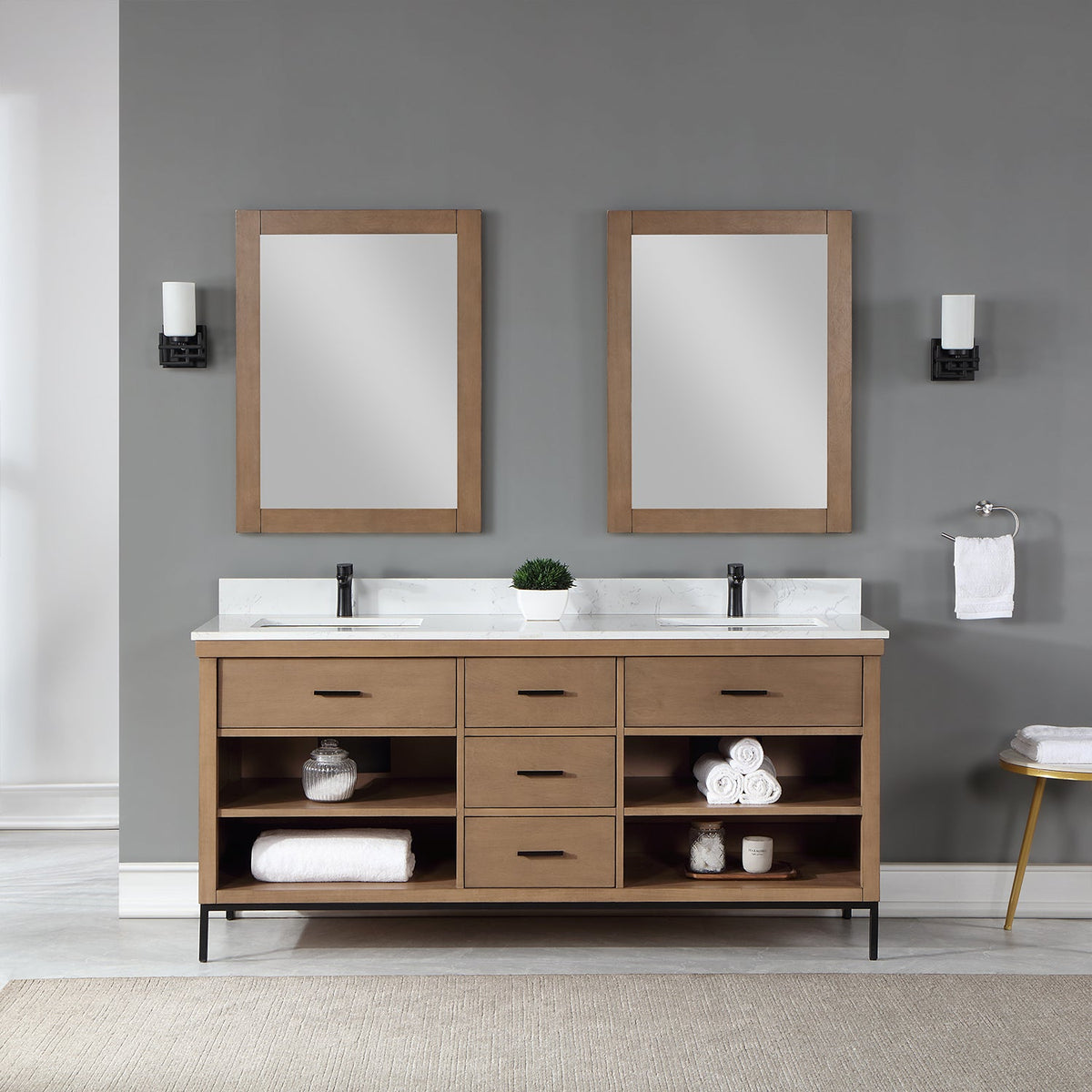 Altair Design Kesia 72" Double Bathroom Vanity Set in Brown Pine with Aosta White Composite Stone Countertop