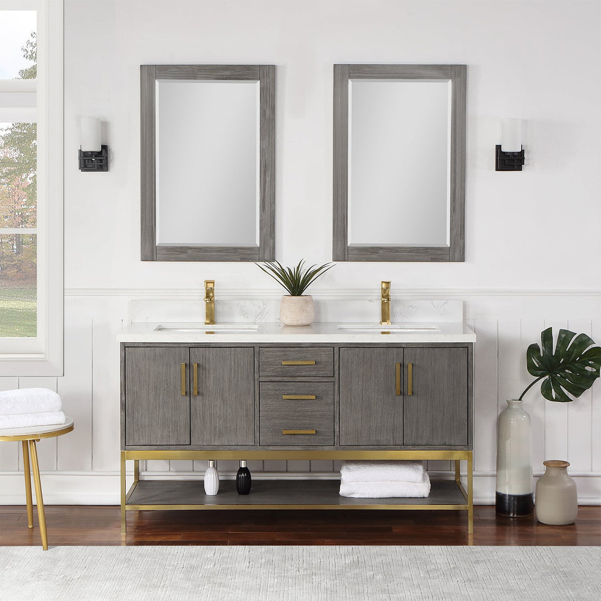 Altair Design Wildy 60" Double Bathroom Vanity Set in Classical Grey with Grain White Composite Stone Countertop