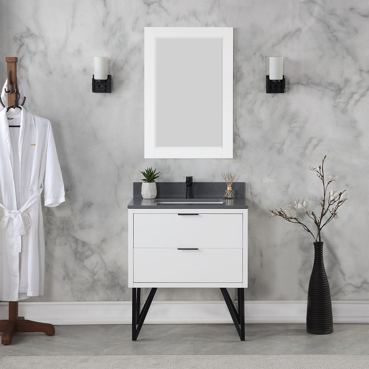 Altair Design Helios 30" Single Bathroom Vanity in White with Concrete Gray Composite Stone Countertop