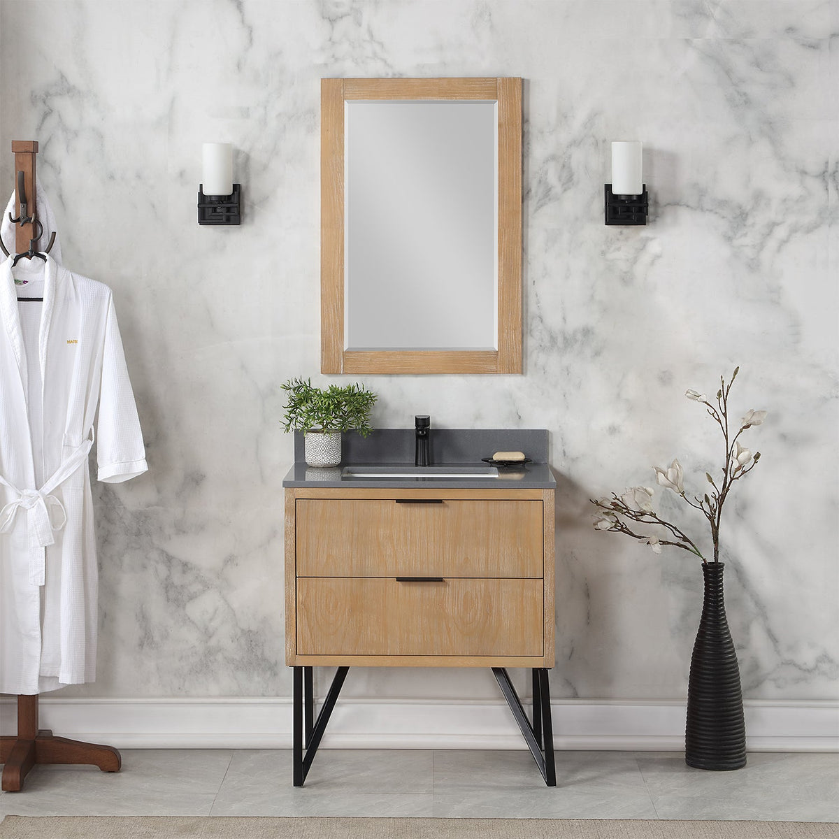 Altair Design Helios 30" Single Bathroom Vanity in Weathered Pine with Carrara White Composite Stone Countertop