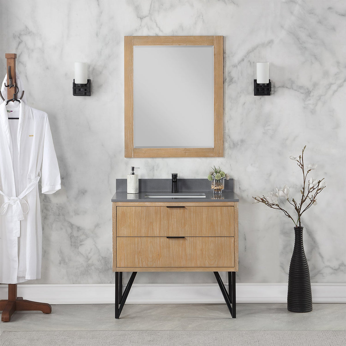 Altair Design Helios 36" Single Bathroom Vanity in Weathered Pine with Carrara White Composite Stone Countertop