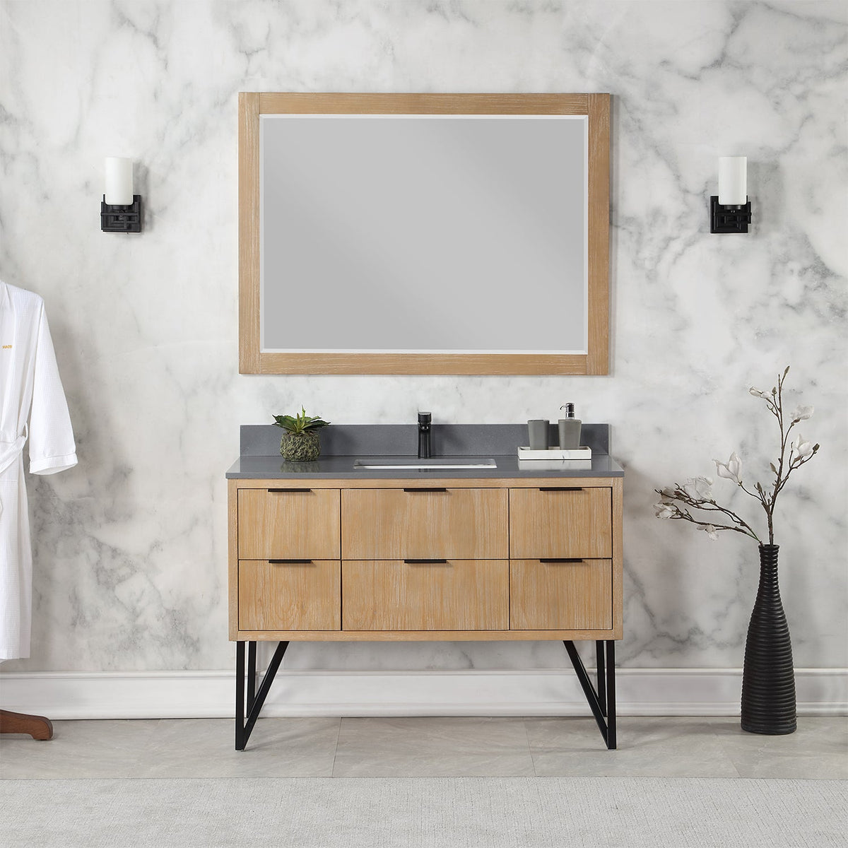 Altair Design Helios 48" Single Bathroom Vanity in Weathered Pine with Carrara White Composite Stone Countertop