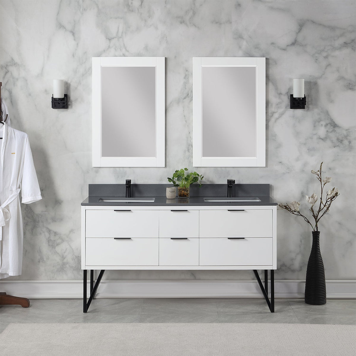 Altair Design Helios 60" Double Bathroom Vanity in White with Concrete Gray Composite Stone Countertop