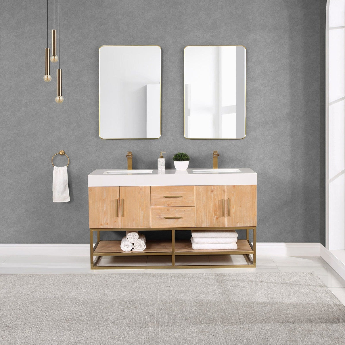 Altair Design Bianco 60" Double Bathroom Vanity in Light Brown with Brushed Gold Support Base and White Composite Stone Countertop