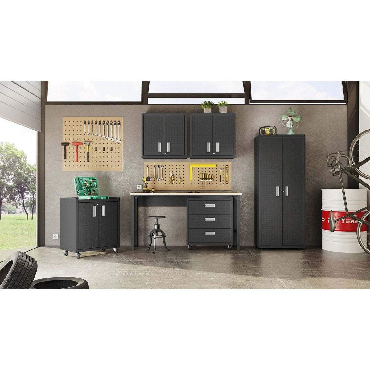 Manhattan Comfort 6-Piece Fortress Textured Garage Set with Cabinets, Wall Units and Table