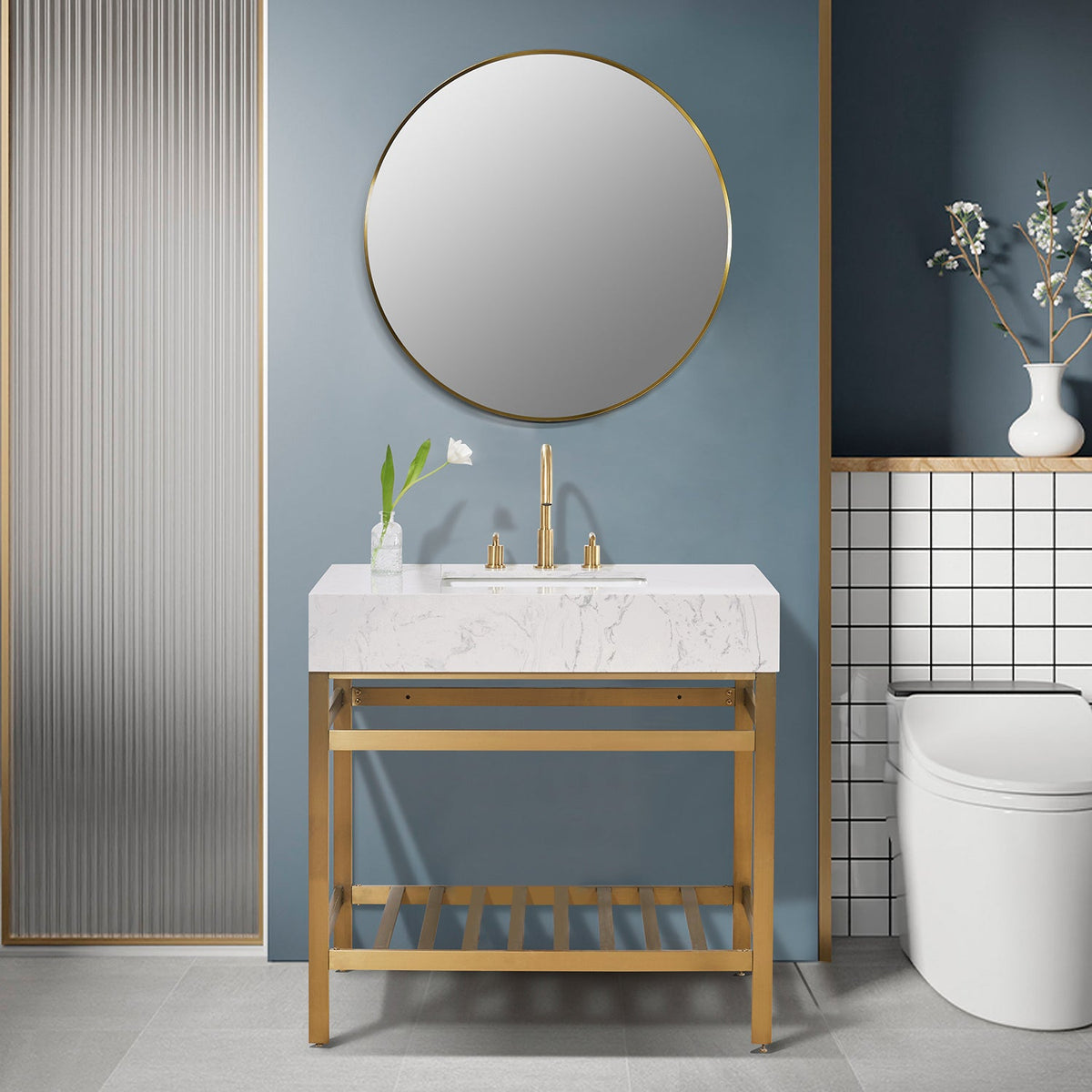 Altair Design Merano 36" Single Stainless Steel Vanity Console in Brushed Gold with Aosta White Stone Countertop
