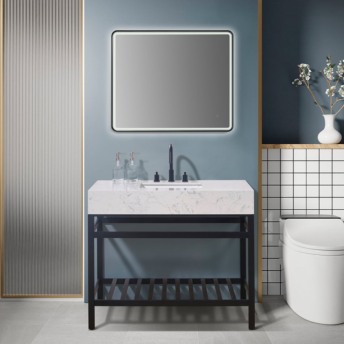 Altair Design Merano 42" Single Stainless Steel Vanity Console in Matt Black with Aosta White Stone Countertop
