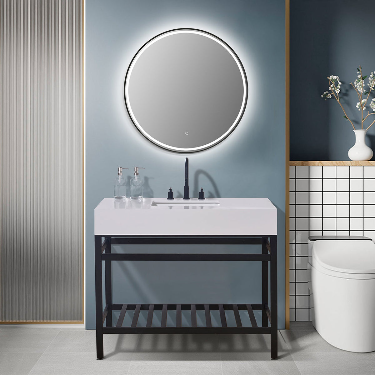 Altair Design Edolo 42" Single Stainless Steel Vanity Console in Matt Black with Snow White Stone Countertop