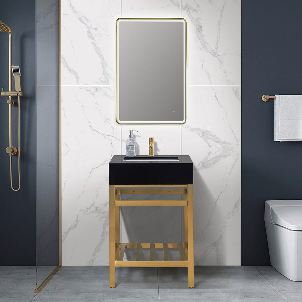 Altair Design Nauders 24" Single Stainless Steel Vanity Console in Brushed Gold with Imperial Black Stone Countertop