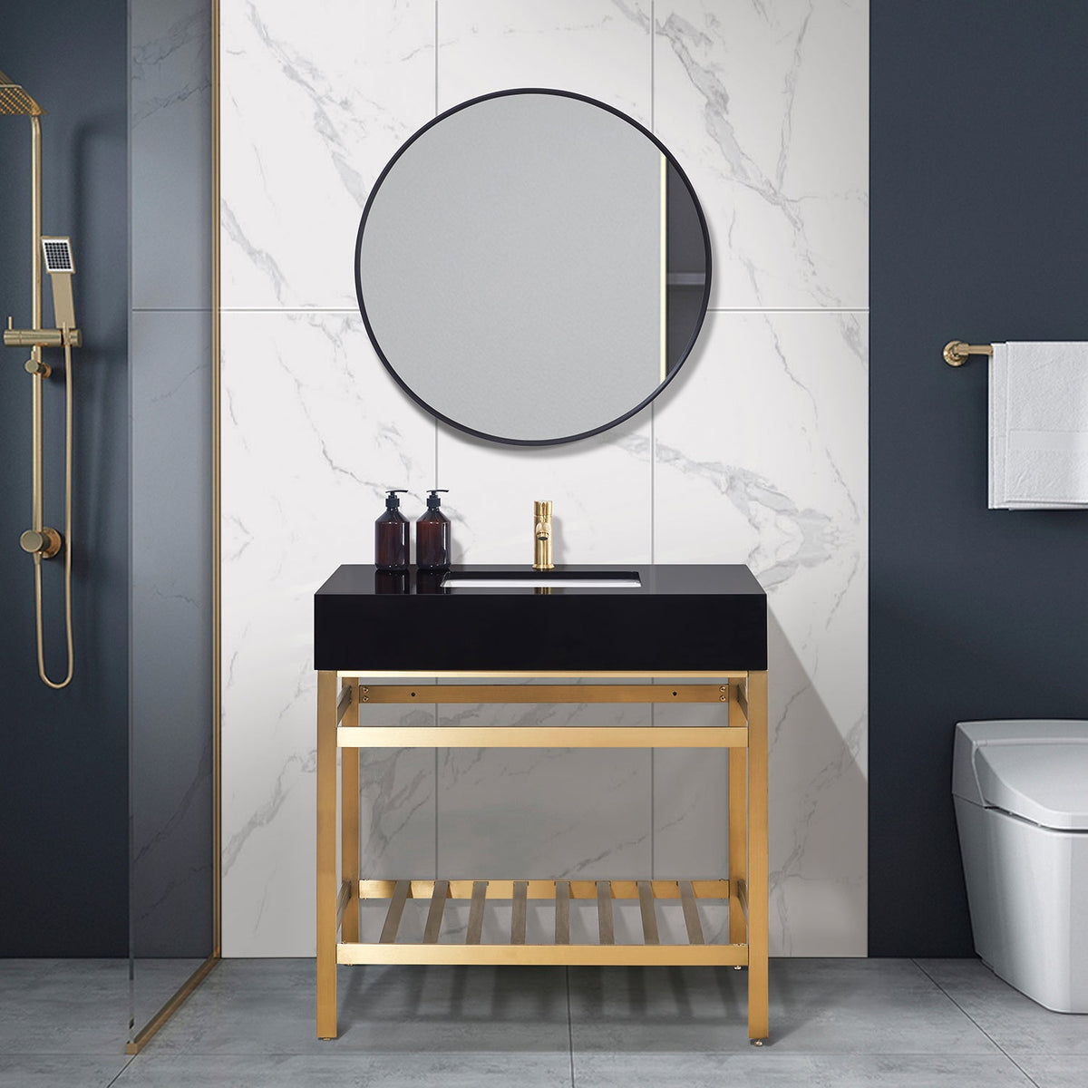 Altair Design Nauders 36" Single Stainless Steel Vanity Console in Brushed Gold with Imperial Black Stone Countertop