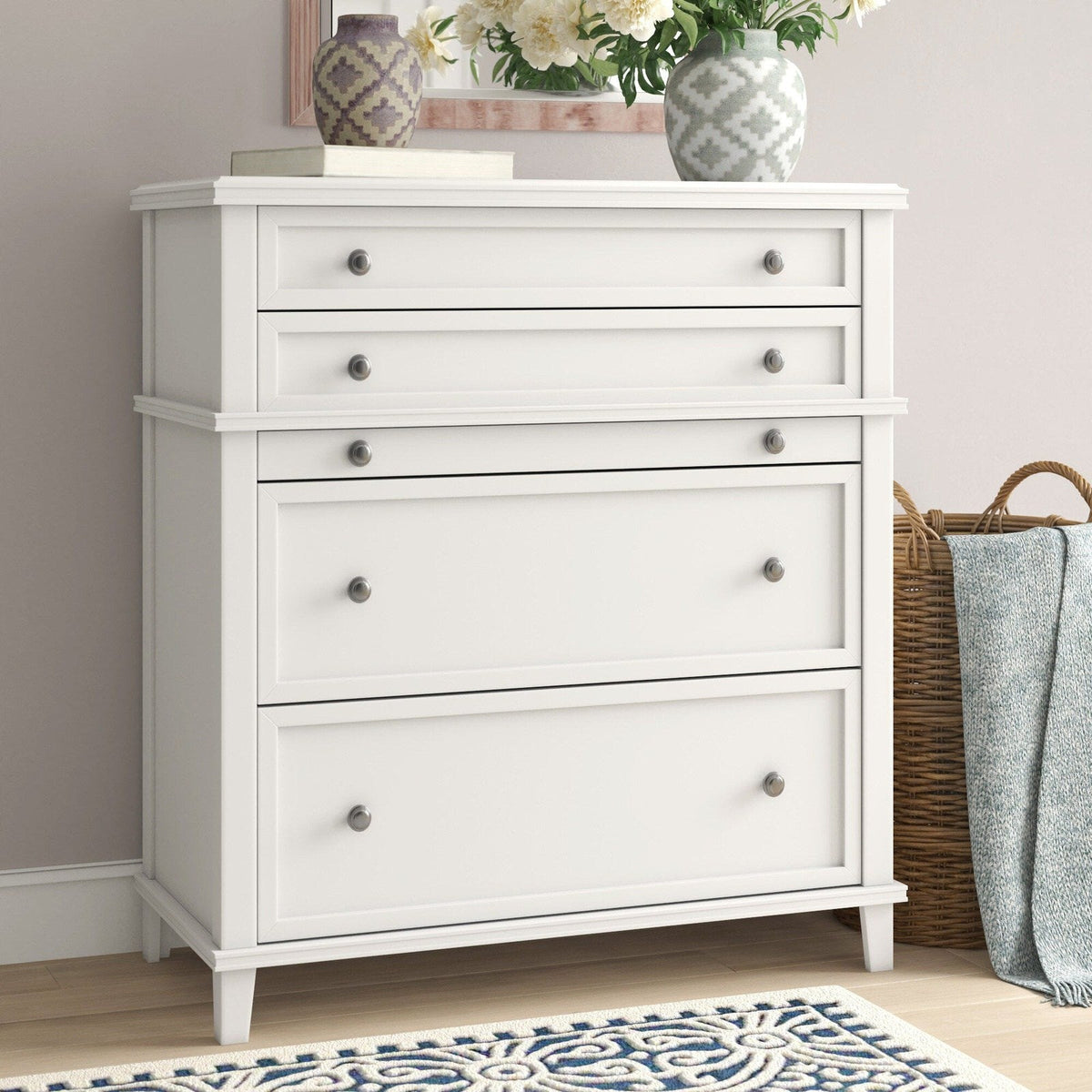 Alpine Furniture Potter 4 Drawer Multifunction Chest w/ Pull Out Tray, White 955-05