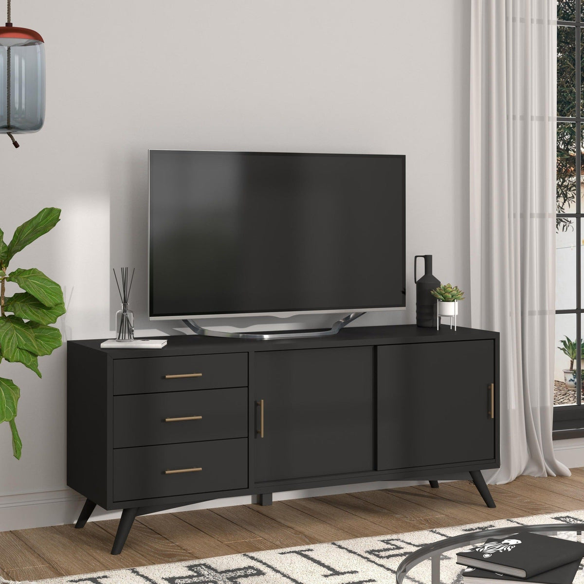 Alpine Furniture Flynn Large TV Console, Black 966BLK-10