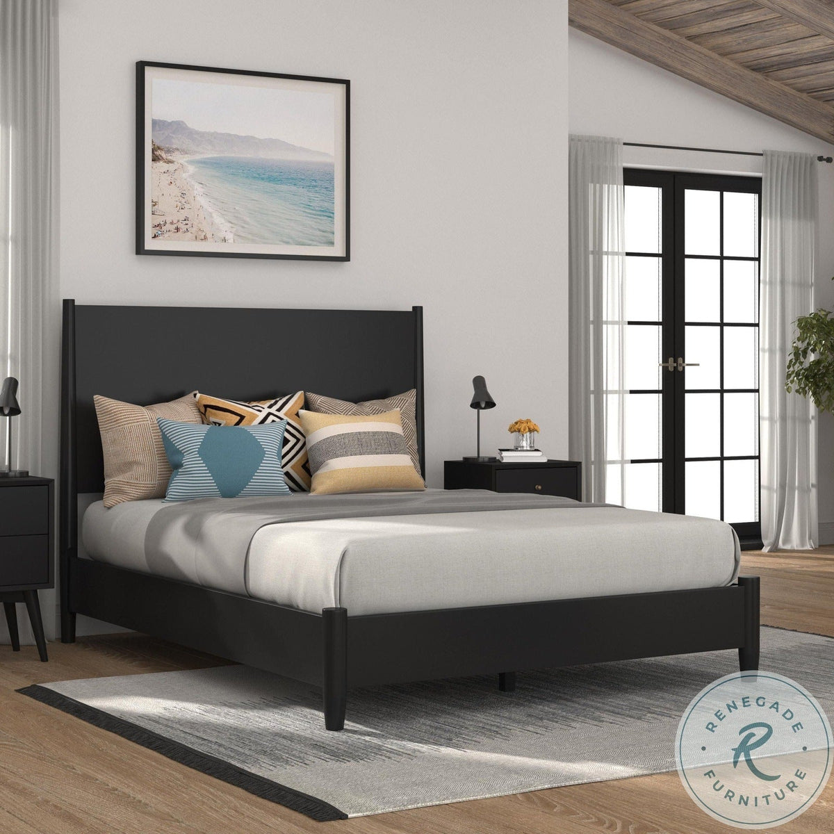 Alpine Furniture Flynn Mid Century Modern Queen Panel Bed, Black 966BLK-01Q